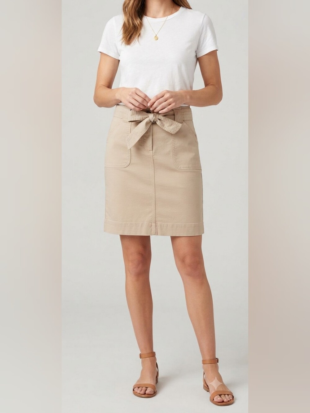 NWOT Kersh Khaki Beige Tencel Blend Belted Utility Skirt Large